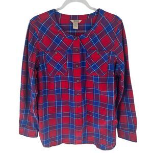 Duluth Free Shirt Womens Large Red Blue Plaid Swingin Flannel Tunic Collarless